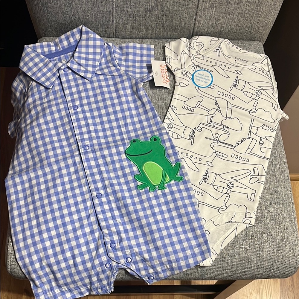 Blue Checkered Romper with Frog Patch and Airplane Onesie